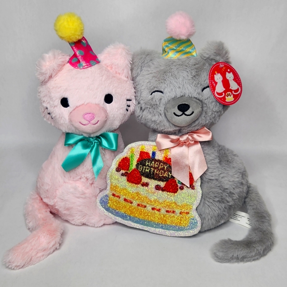 Birthday Cats Plush Pink Gray 11" Happy Birthday Cake New With Tags
